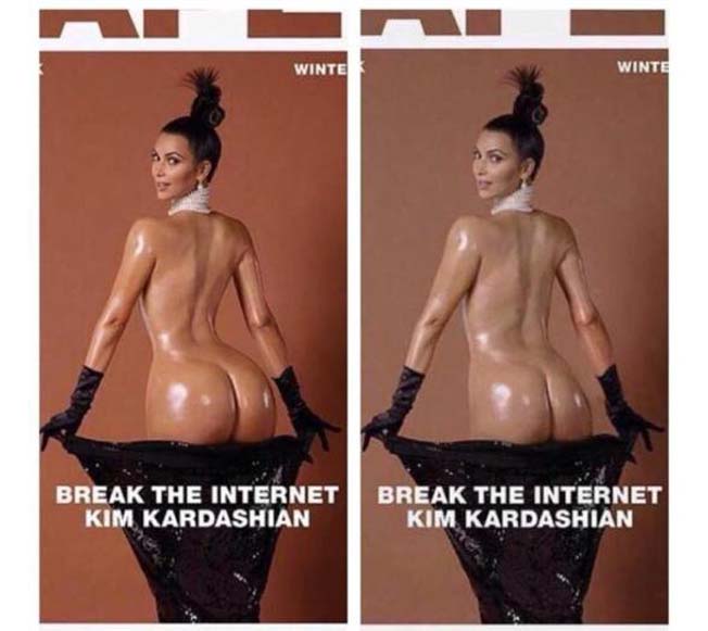 Kim Kardashian com e sem Photoshop
